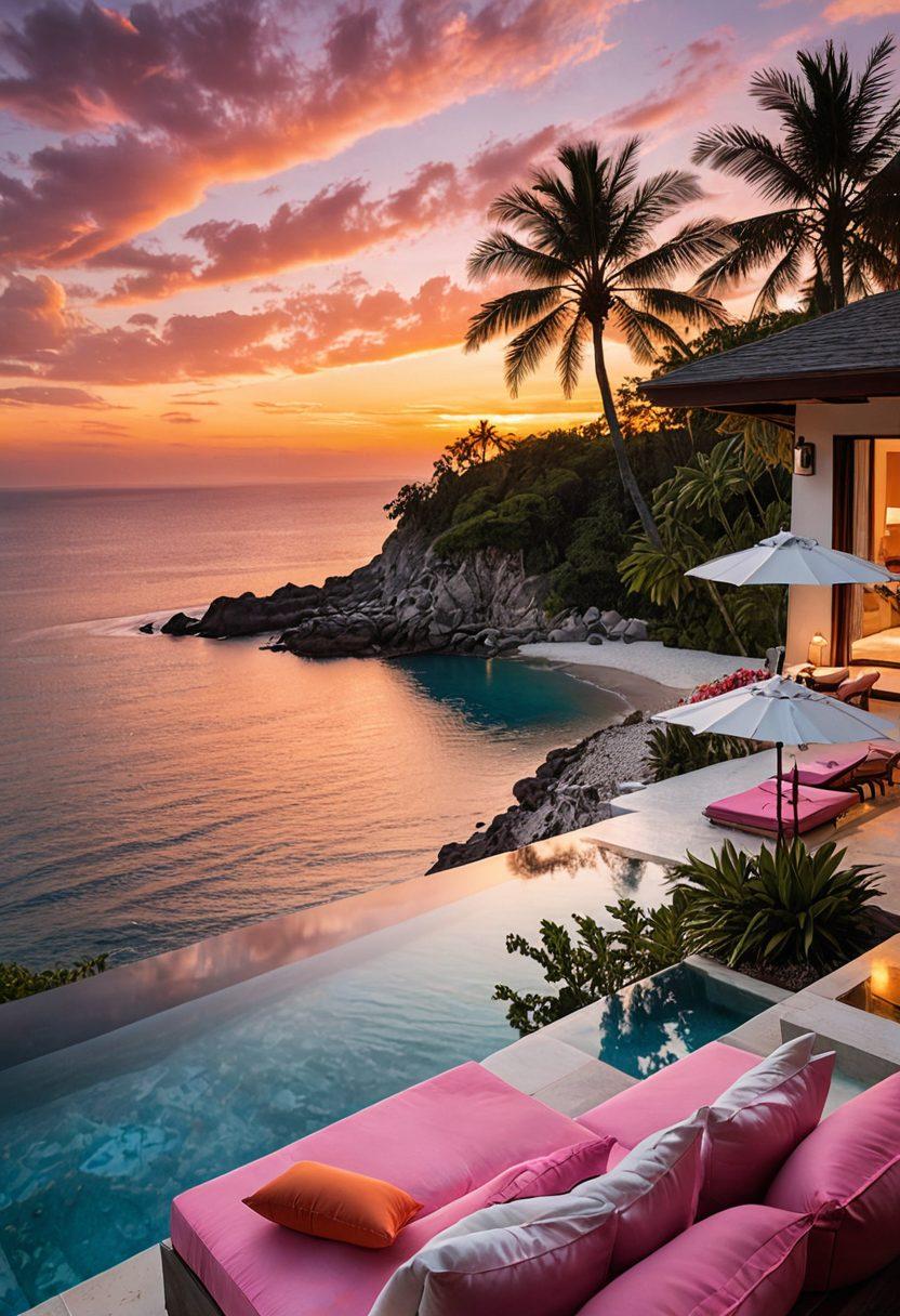 A lavish luxury villa overlooking a breathtaking beach at sunset, featuring an infinity pool shimmering with reflections of orange and pink hues. Elegant outdoor seating with plush cushions invites relaxation, while palm trees sway gently in the background. A clear sky dotted with soft clouds enhances the serene atmosphere. super-realistic. vibrant colors. tropical setting.