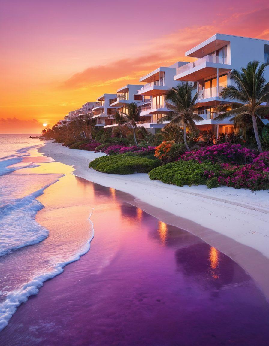 A stunning split-view image showcasing luxurious beachfront homes on one side, with sandy shores and crystal-clear waters, transitioning into vibrant urban retreats complete with stylish high-rises and lush rooftop gardens on the other. Sunsets casting warm hues over both landscapes create a sense of leisure and escape. super-realistic. vibrant colors. white background.