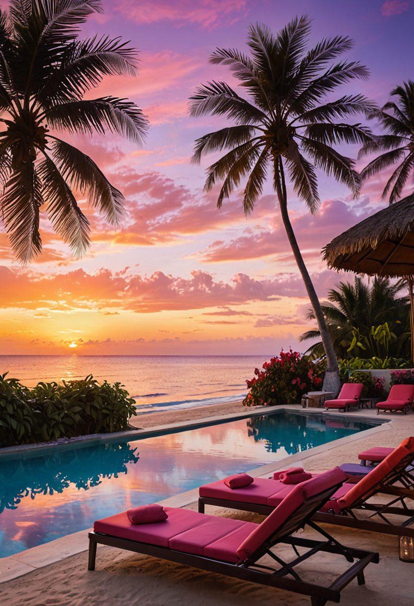 An inviting tropical beach scene featuring luxurious beachfront accommodations ranging from lavish villas to cozy budget-friendly bungalows. Palm trees sway gently in the breeze, and colorful lounge chairs are scattered along the sandy shore. The clear blue water sparkles under the sun, with people enjoying different activities like swimming and sipping cocktails. A backdrop of vibrant sunset colors adds warmth to the scene, inspiring a sense of relaxation and escape. vibrant colors. super-realistic. tropical theme.